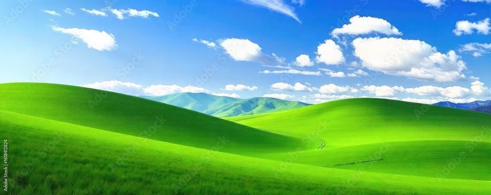Obraz premium Serene vista of a rolling green hill landscape under a vibrant blue sky, dotted with fluffy white clouds Perfect for nature, travel, and environmental themes , fresh air, grass, ecology