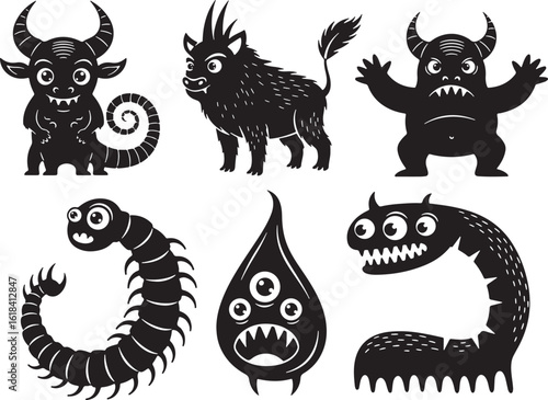 Six black cartoon monsters with big eyes and sharp teeth, monster, creature, cartoon, black and white, illustration, fantasy, scary, spooky, halloween, cute, funny, whimsical, character, design, graph