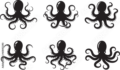 Six black octopus silhouettes on white background cephalopod, octopus, cephalopod, marine life, sea creature, animal, wildlife, black, white, silhouette, graphic, illustration, vector, tentacles, suck
