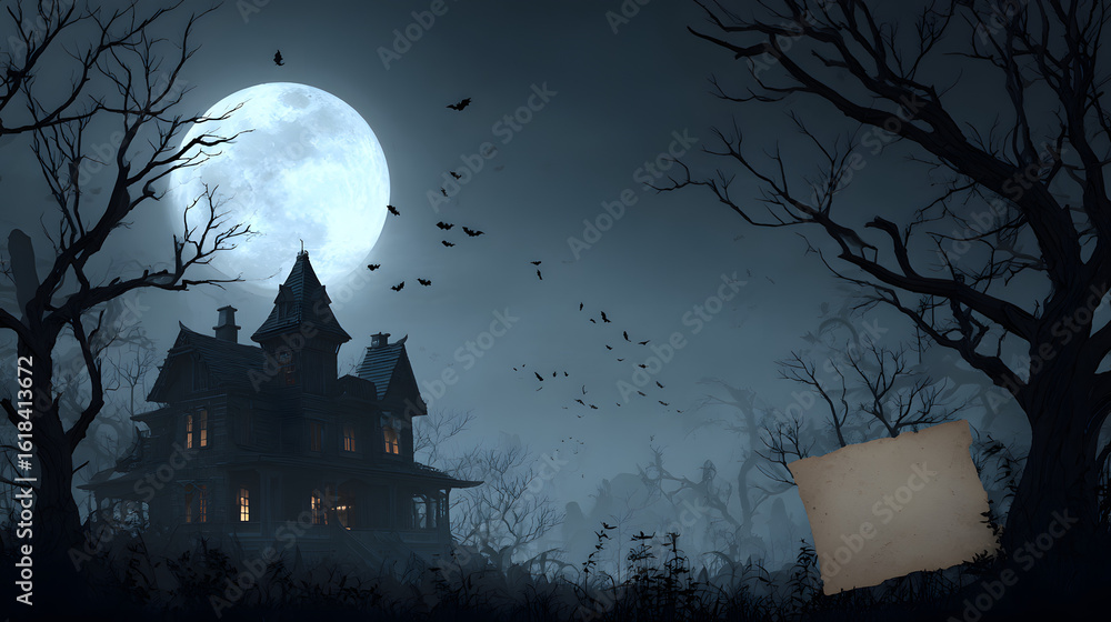 Fototapeta premium spooky haunted house scene with full moon, flying bats, ghost, bare trees, blank parchment and eerie night sky for halloween