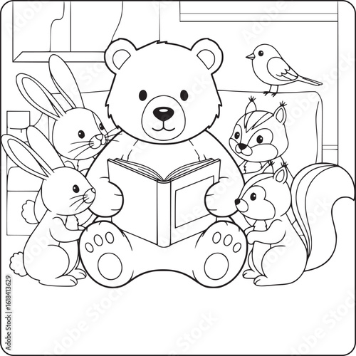 Cute bear reading storybook to forest animal friends in black and white cartoon line art for kids coloring page