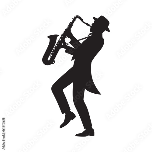 Vector of Saxophone Player in Action – Ideal for Music Logos, Concert Flyers, Nightclub Promotions, and Creative Jazz or Blues Graphics