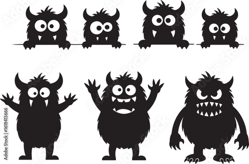 Six black silhouette cartoon monsters with horns and big eyes, monster, silhouette, black, white background, cartoon, cute, scary, creature, horned, eyes, fangs, claws, playful, mischievous, halloween