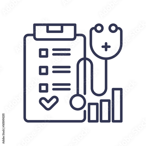 Line icon for Connectroles, showing a clipboard, stethoscope, and chart. Symbolizes healthcare management, medical data analysis, and tracking professional performance and patient care.