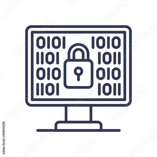 A computer monitor icon with a padlock over binary code, symbolizing data encryption and cybersecurity. Represents protecting sensitive digital information from unauthorized access and threats.