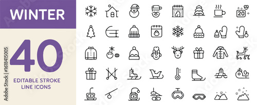 A collection of 40 minimalist winter-themed line icons arranged in a grid format