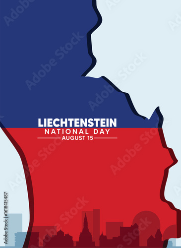 Liechtenstein National Day 15 August cityscape with flag ribbon vector poster