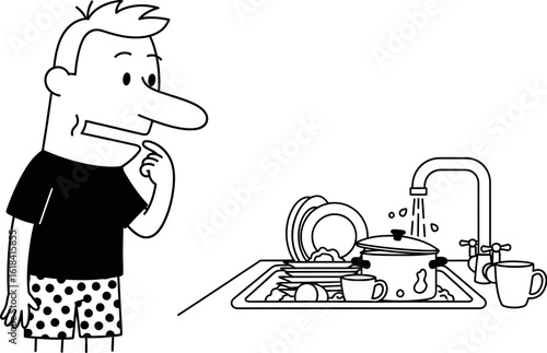 Cartoon man contemplating doing dishes in sink full of dirty dishes and pots and pans at home kitchen editable