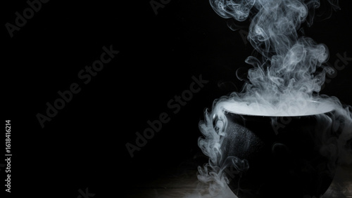 Black cauldron with dry ice smoke in bottom right, dark background