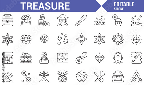 Set of Icons Representing Treasure, Gems, and Valuable Artifacts