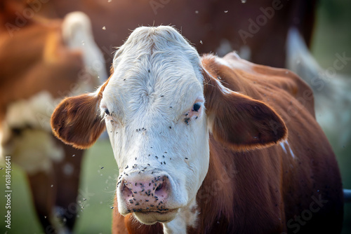 cow portrait with many flying flies