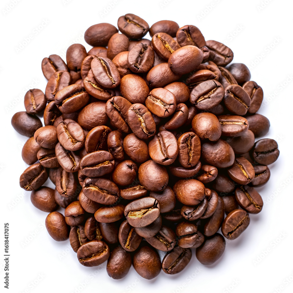 Fototapeta premium A pile of roasted coffee beans isolated on a white background, ready for brewing
