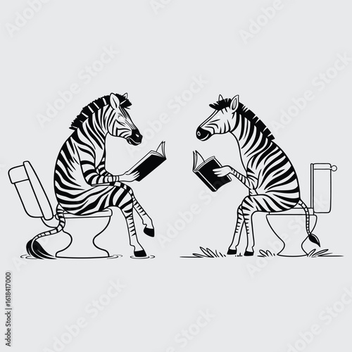 Funny Silhouette of Zebras Reading Books While Sitting on Toilets – Whimsical Animal Vector Art