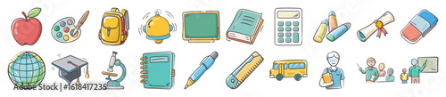 Hand-drawn Education and School Icon Set - Colorful doodle-style icons featuring school supplies, classroom tools, and learning symbols ideal for education-related visuals and designs.