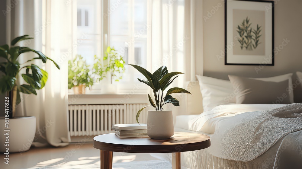 Naklejka premium Sunlit Bedroom Interior with Green Plant on Wooden Table near White Bed and Sheer Curtains