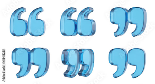 3D blue transparent quotation marks arranged in a set of 6 isolated on a white background for use in writing or design