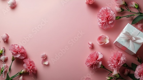 Pink Carnations and a Gift Box Decorate a Pastel Table for a Celebration or S...