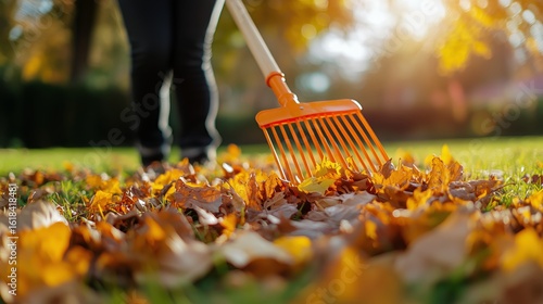 Autumn Leaf Raking Activity in a Vibrant Park During Sunny Afternoon Hours.