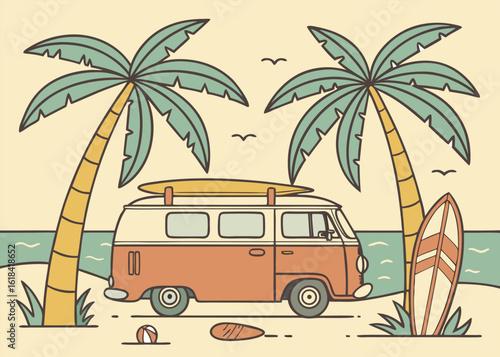 Retro Surfer Lifestyle Illustration with Vintage Beach Van, Palm Trees, Surfboards, and Ocean Scenery