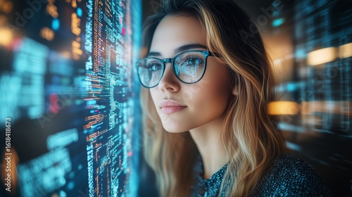 Young Woman With Glasses Analyzing Data on a Digital Screen in a Modern Offic...