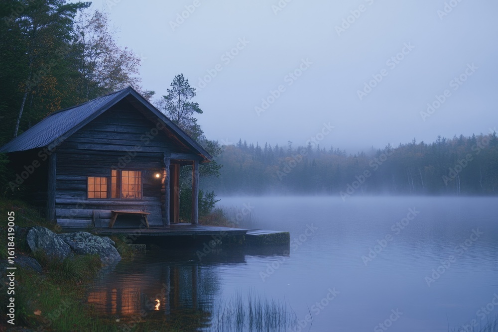 Fototapeta premium Secluded log cabin on a misty lake, serene and tranquil evening atmosphere.