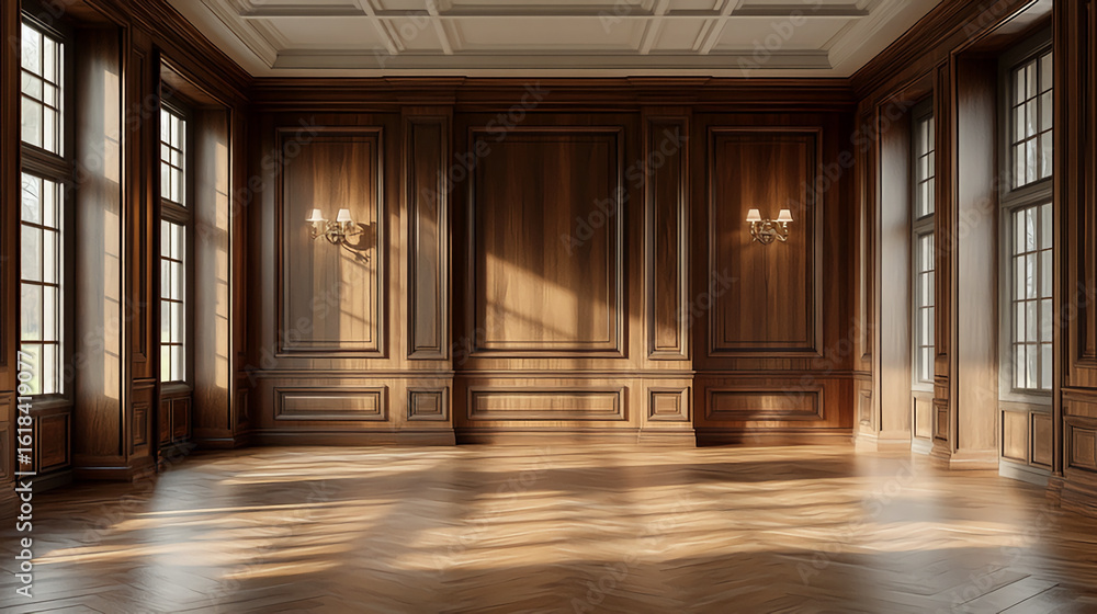 A luxurious room with wood paneling, windows, and sunlight streaming across the wooden floorboards