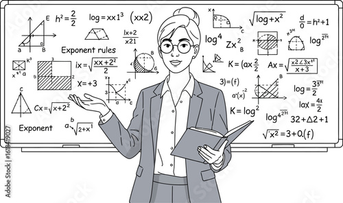 Math teacher explaining formulas on whiteboard for education and learning concept in classroom art editable