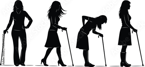 Aging process illustration, elderly woman walking with cane, health care, mobility aid, posture changes, senior support, vector design, silhouette