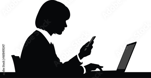 Business professional using smartphone and laptop, multitasking at work, office productivity concept, modern digital tools, workplace communication illustration