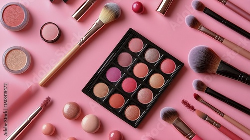 Makeup Essentials Arranged on a Pink Background for Beauty Enthusiasts and Ma...