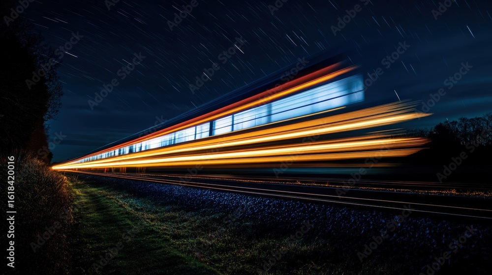 Fototapeta premium At night, a fast passenger train blurs into streaks of light under a starry sky, with its motion highlighted by illuminated windows and glowing rails against dark scenery
