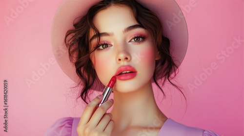 Model Applying Bright Lipstick Against a Pastel Pink Background in a Stylish Hat