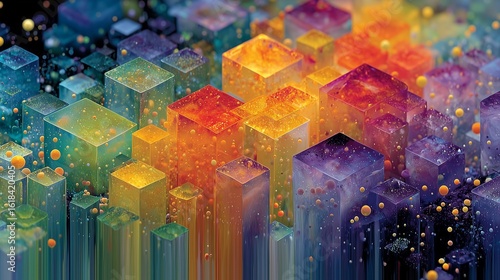 Vibrant Abstract 3D Glowing Cubes in Rainbow Colors, Geometric Blocks with Light Effects on Dark Background