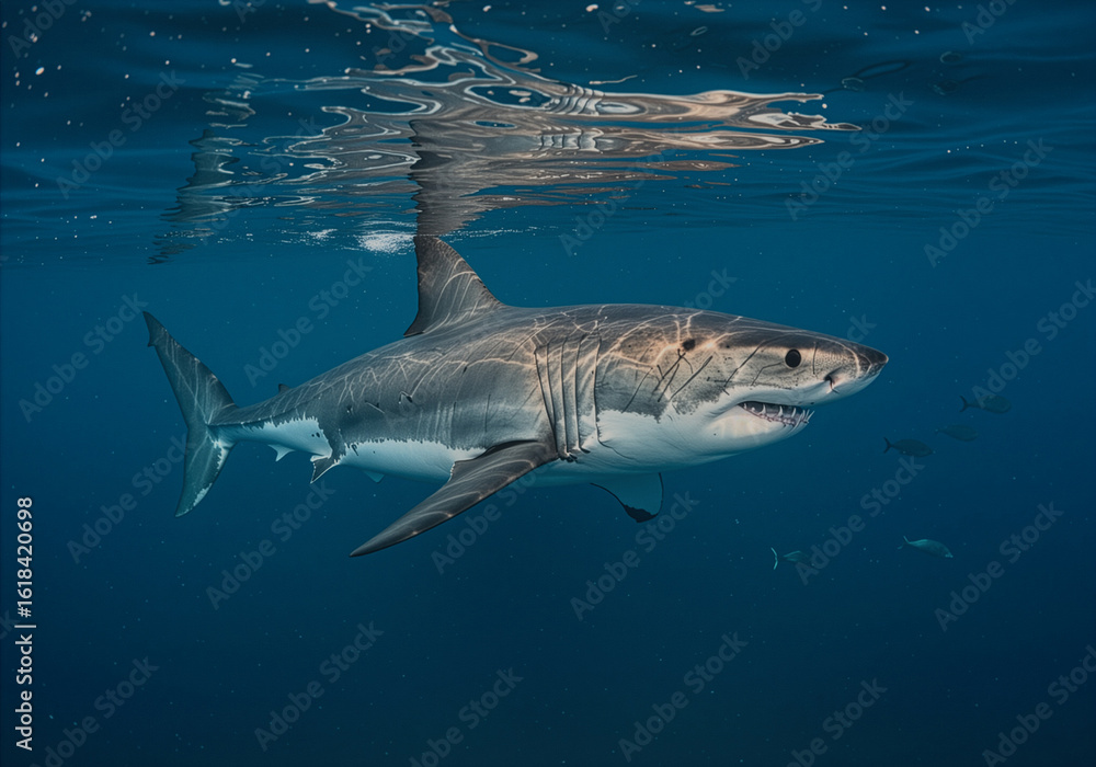 Fototapeta premium Majestic Great White Shark Swimming in the Ocean - Underwater View, Marine Life, Predator