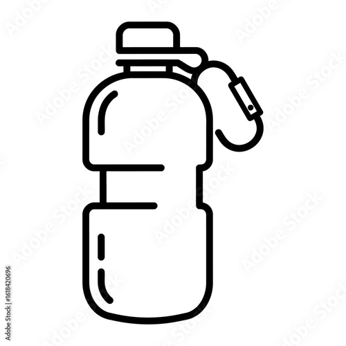 Outline icon of a water bottle with carabiner clip, in black and white minimalist style.