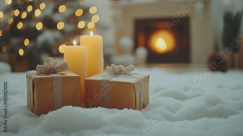 Festive presents and candles set against a blurred christmas tree and fireplace background indoors