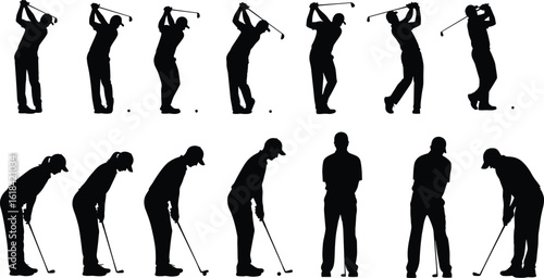 Golf swing and putting sequence, silhouette technique illustration, athlete motion study, black vector training art, sports activity diagram, posture analysis