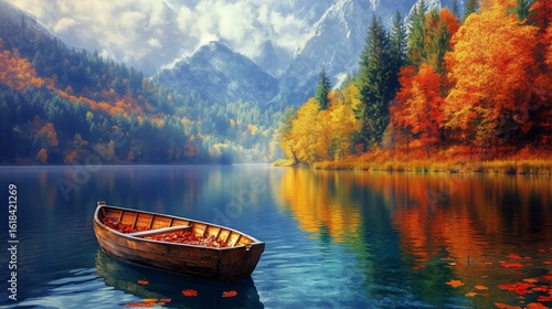Colorful Autumn Landscape With a Wooden Boat on a Serene Lake Surrounded by M...