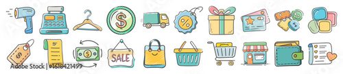 Colorful hand-drawn shopping and retail icons - Whimsical doodle-style vector icons representing shopping, retail, and ecommerce elements like carts, gifts, sales tags, and delivery.