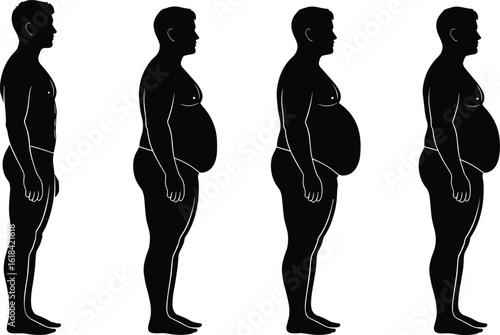 Human body silhouette side view, weight gain progression stages, obesity health issue, fitness and medical reference, fat accumulation illustration