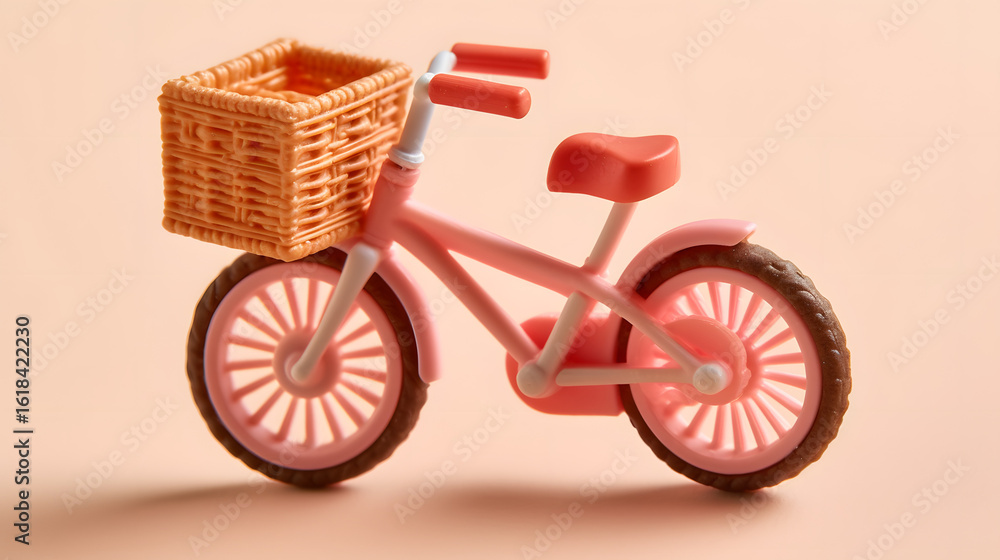 Fototapeta premium Pink toy bicycle with basket cute miniature bike for kids room decor design
