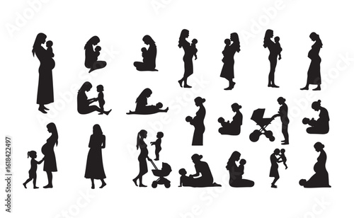  Silhouettes of Mothers with Children – Parenting, Pregnancy, and Motherhood Vector Set