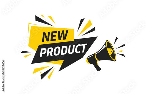 New product announcement with megaphone and explosive banner design