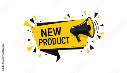 Announcing a new product launch with a megaphone and vibrant yellow banner against a black background with geometric shapes