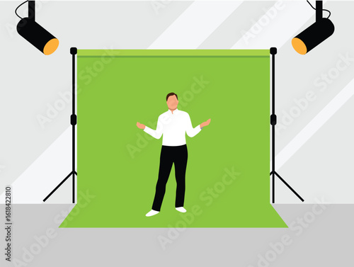 Speaker on a Chroma Key Green Screen Making a Presentation Video Clip. Jobs in art industry, audiovisual media and video production vector art