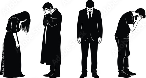 Sad silhouette individuals, emotional reflection, grief expression, mental health awareness, introspective poses, sorrow theme, black and white artwork, vector illustration