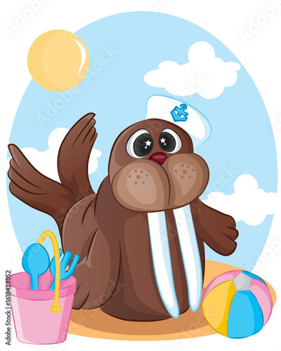 Cartoon Animal Walrus. sailor walrus. For preschool education, kindergarten and kids and children