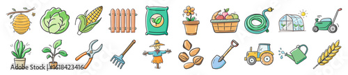 Hand-drawn Gardening and Farming Tools Icons - Whimsical doodle-style icons of gardening tools, vegetables, and farm equipment, perfect for agriculture-themed designs or educational use.