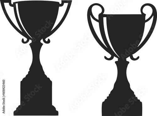 Two silhouette trophy cups on white background representing victory and achievement