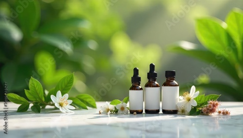 Elegant homeopathic remedies displayed on a marble surface, surrounded by lush greenery and soft lighting, conveying a sense of refined wellness ,  marble,  refined